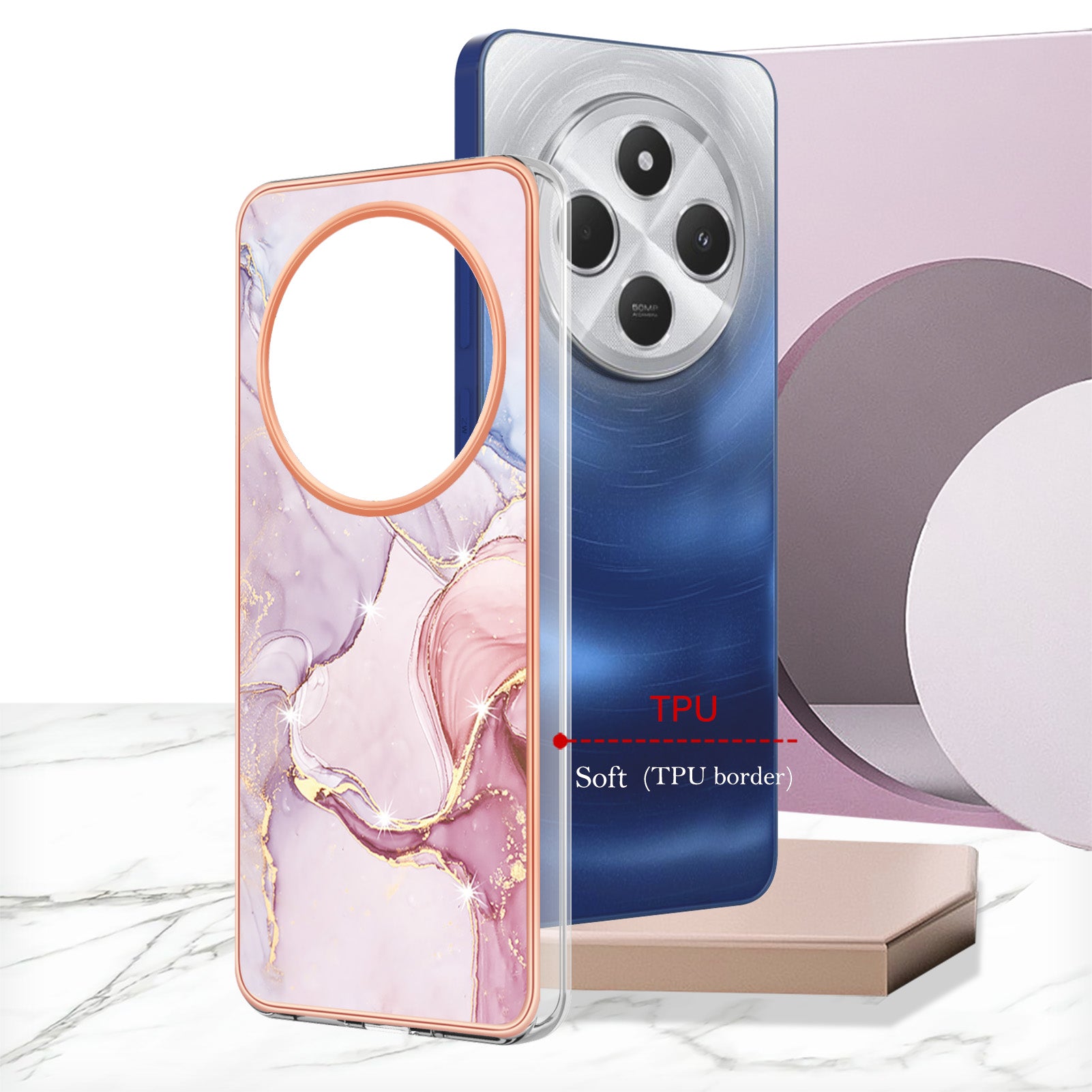 For Xiaomi Redmi 14R 5G / Xiaomi Poco C75 4G / Xiaomi Redmi 14C 4G Case YB IMD Series-2 Style-B IMD Marble Pattern TPU Back Cover - Rose Gold 005