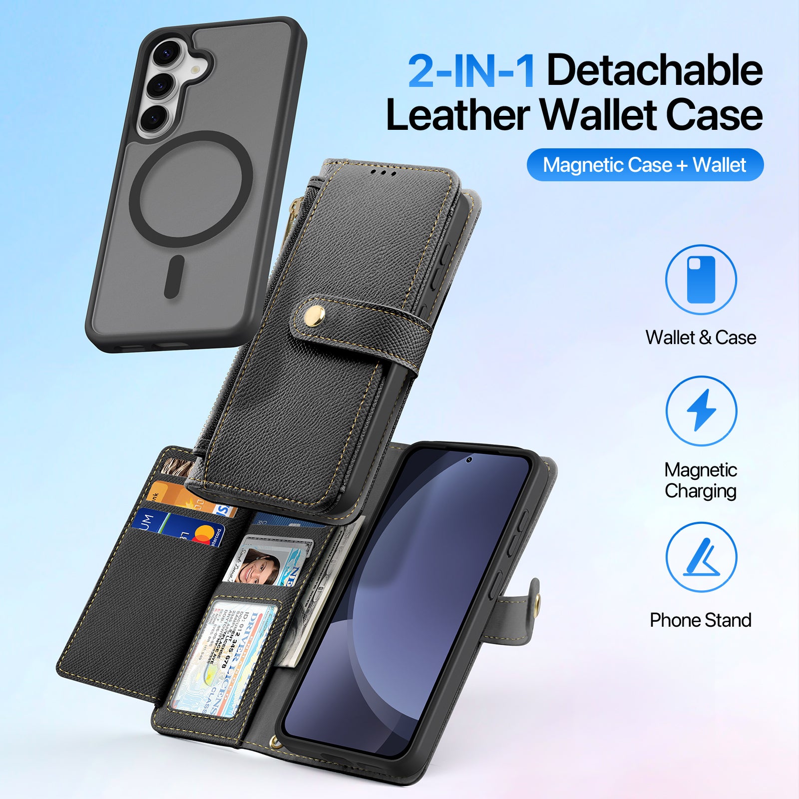 For Samsung Galaxy S25 Case DUX DUCIS Lawa Series Detachable Magnetic Cowhide Leather Cover Zipper Wallet - Black