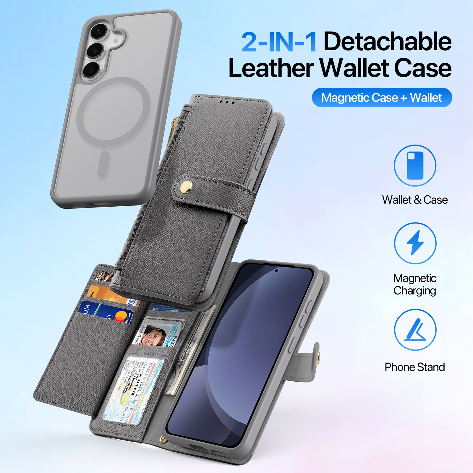 For Samsung Galaxy S25+ Case DUX DUCIS Lawa Series Detachable Magnetic Cowhide Leather Cover Zipper Wallet - Grey