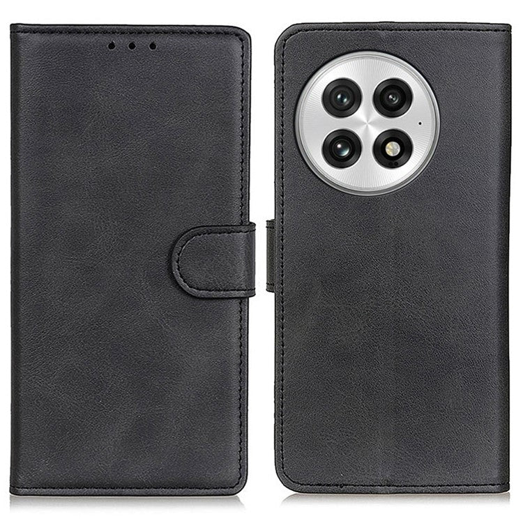 For OnePlus 13 Stand Wallet Case Cowhide Texture Leather Phone Cover - Black