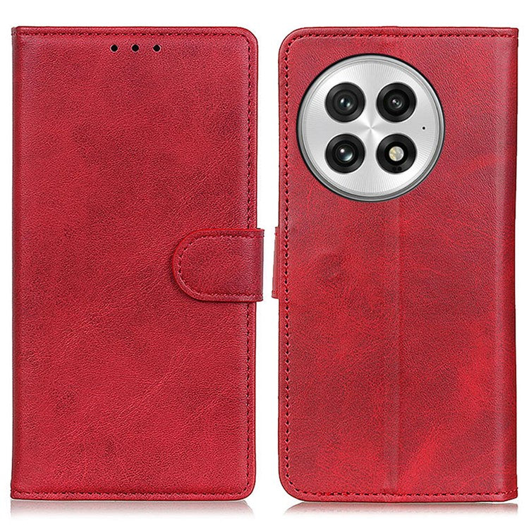 For OnePlus 13 Stand Wallet Case Cowhide Texture Leather Phone Cover - Red