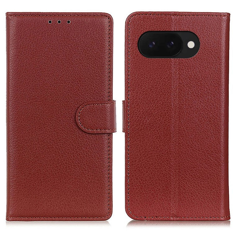 For Google Pixel 9a Wallet Case PU Leather Phone Cover Litchi Texture - Brown