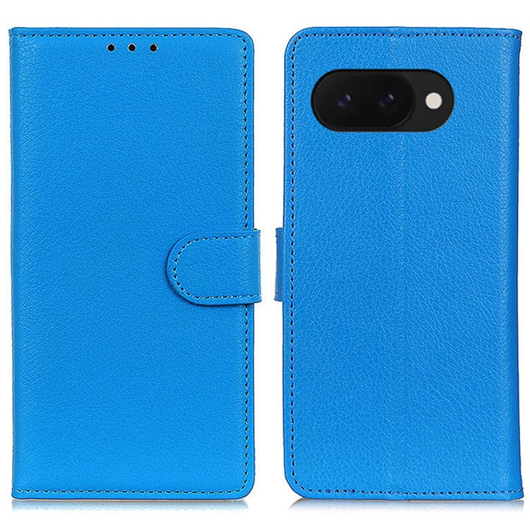 For Google Pixel 9a Wallet Case PU Leather Phone Cover Litchi Texture - Blue