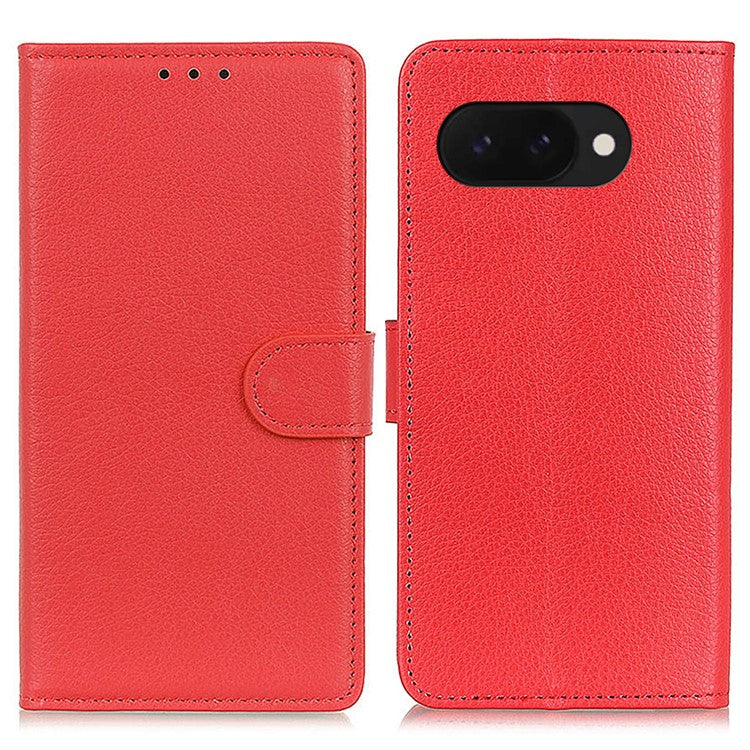 For Google Pixel 9a Wallet Case PU Leather Phone Cover Litchi Texture - Red