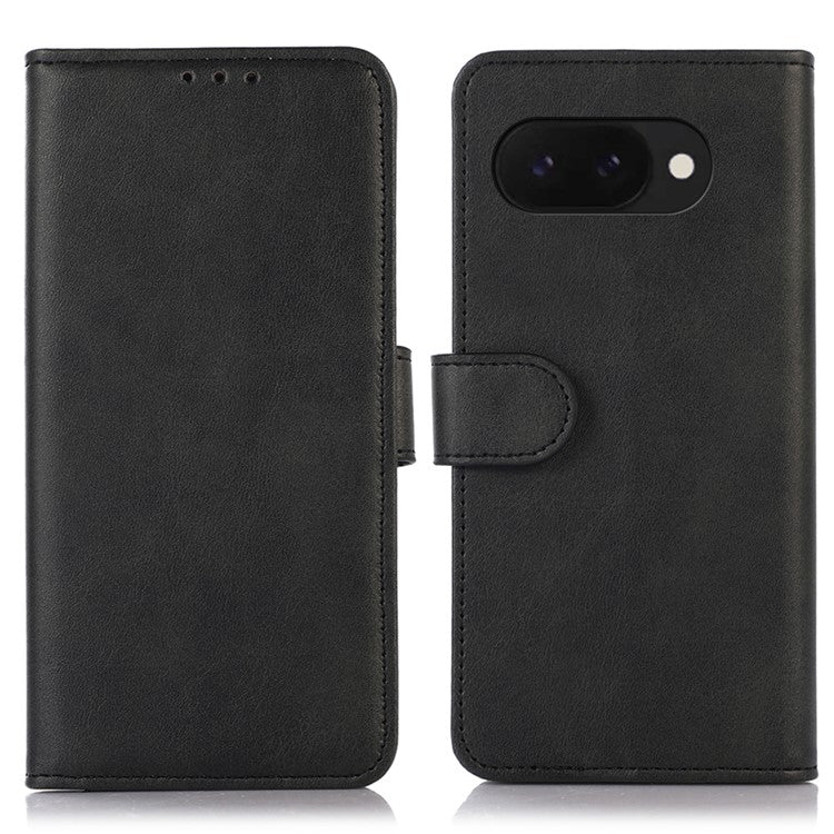 For Google Pixel 9a Case Cowhide Texture Leather Wallet Phone Cover with Stand - Black