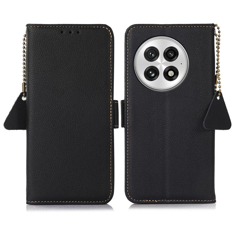 TJ For OnePlus 13 Case RFID Blocking Genuine Cow Leather Phone Cover - Black