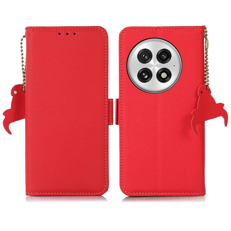 TJ For OnePlus 13 Case RFID Blocking Genuine Cow Leather Phone Cover - Red