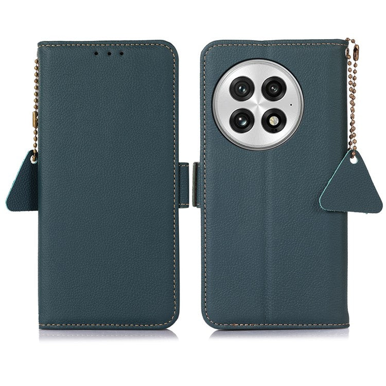 TJ For OnePlus 13 Case RFID Blocking Genuine Cow Leather Phone Cover - Green