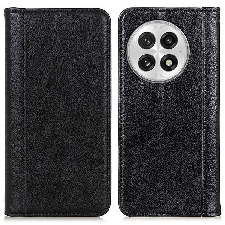 For OnePlus 13 Stand Case Split Leather Litchi Texture Wallet Phone Cover - Black