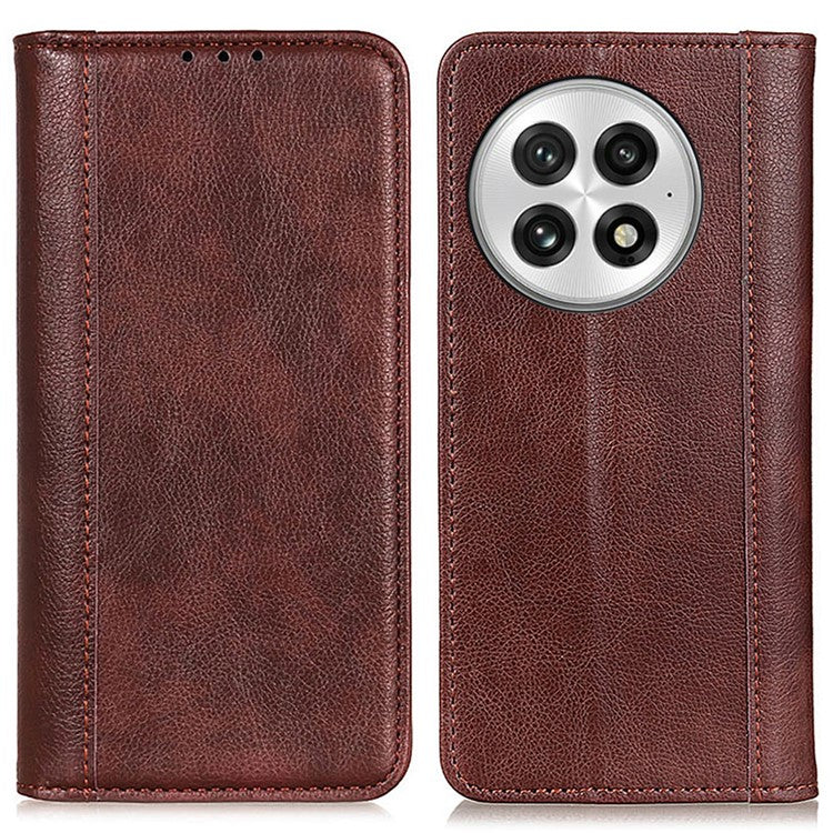 For OnePlus 13 Stand Case Split Leather Litchi Texture Wallet Phone Cover - Brown