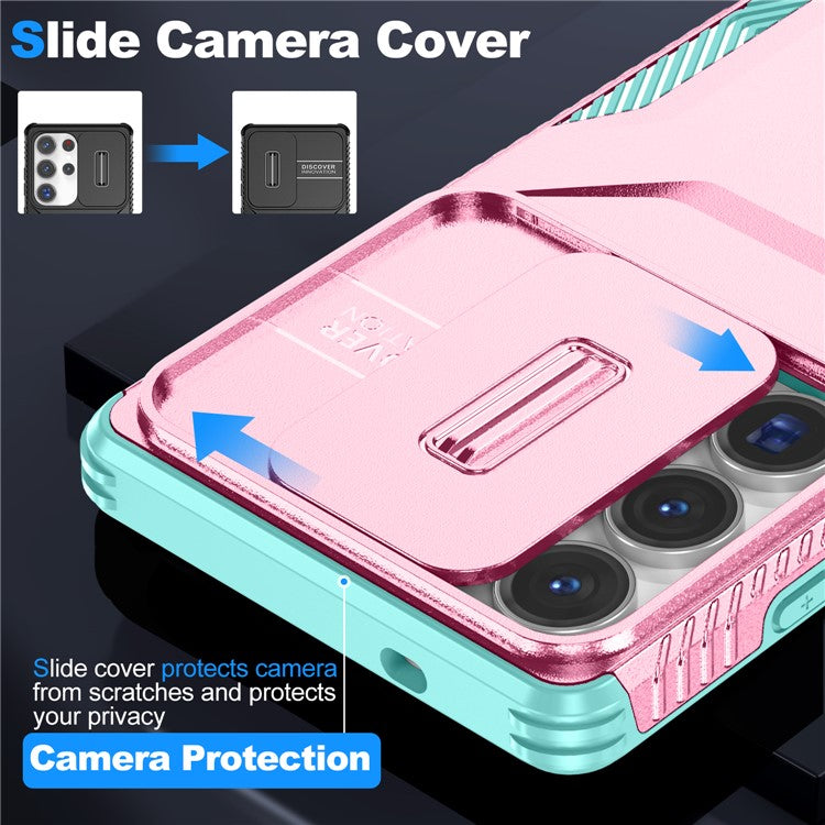 For Samsung Galaxy S25 Ultra Case Camshield TPU+PC Phone Cover Non-Slip Side Edge - Pink+Grey Green