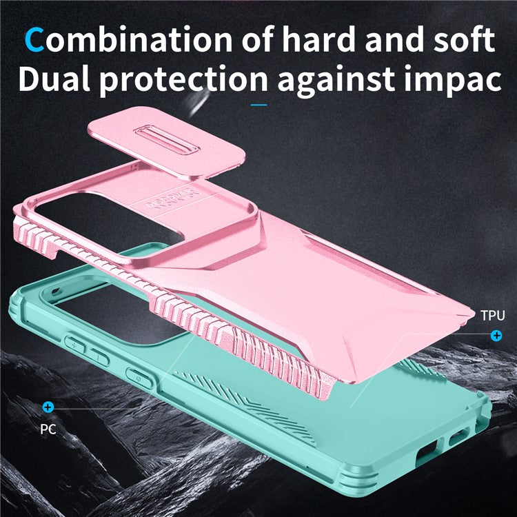 For Samsung Galaxy S25 Ultra Case Camshield TPU+PC Phone Cover Non-Slip Side Edge - Pink+Grey Green