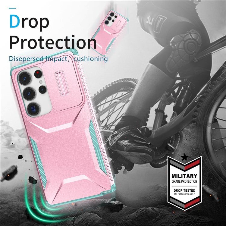 For Samsung Galaxy S25 Ultra Case Camshield TPU+PC Phone Cover Non-Slip Side Edge - Pink+Grey Green