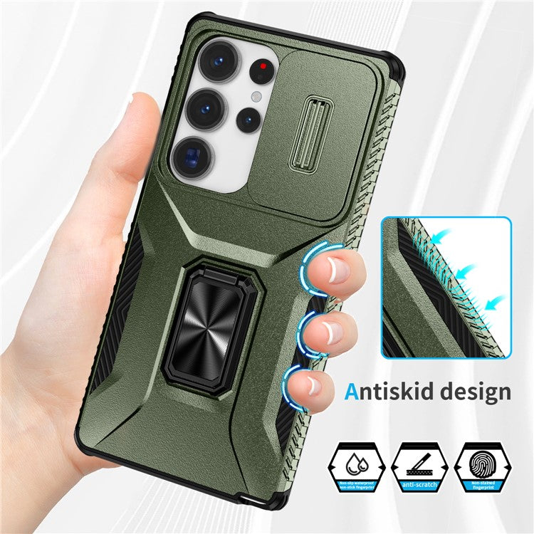 For Samsung Galaxy S25 Ultra Case Camshield Kickstand TPU+PC Anti-Slip Phone Cover - Green