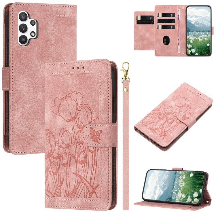 For Samsung Galaxy A13 4G / 5G Case Tulip Leather Phone Cover with 5 Card Slots Wallet - Pink