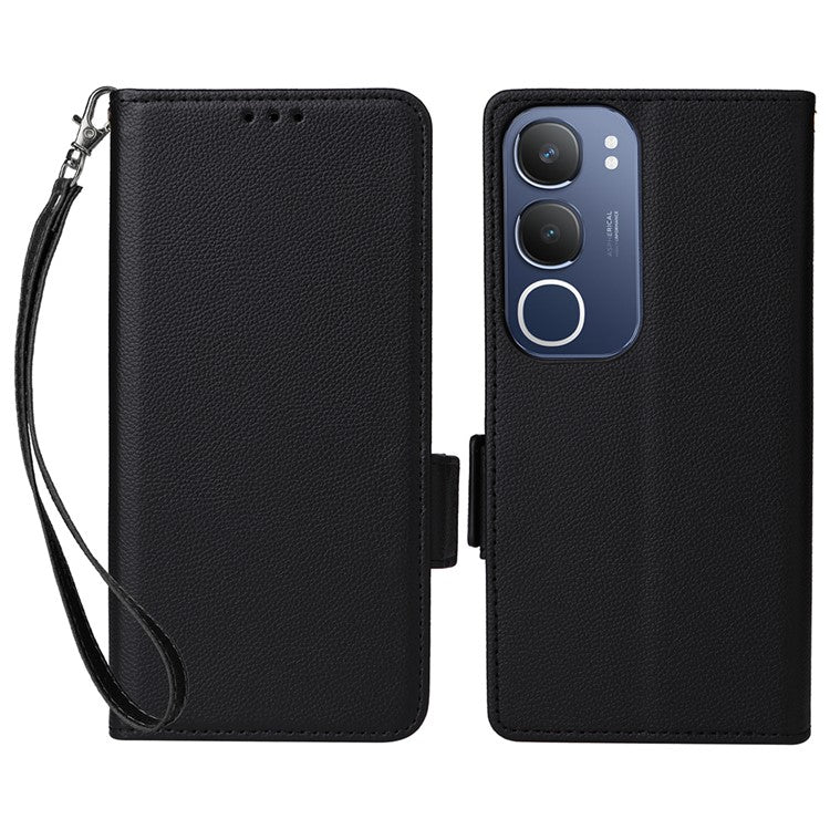 For vivo Y19s 4G Case Litchi Texture PU Leather Wallet Flip Phone Cover - Black