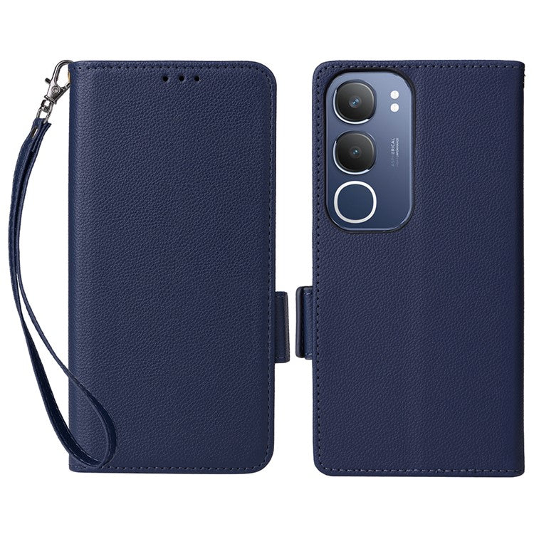 For vivo Y19s 4G Case Litchi Texture PU Leather Wallet Flip Phone Cover - Dark Blue