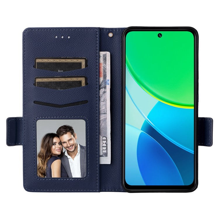 For vivo Y19s 4G Case Litchi Texture PU Leather Wallet Flip Phone Cover - Dark Blue