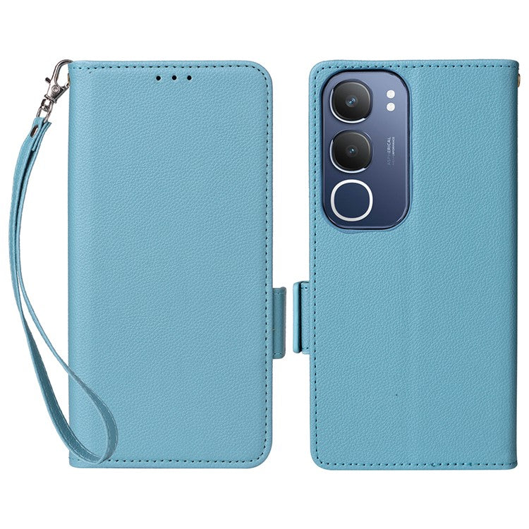 For vivo Y19s 4G Case Litchi Texture PU Leather Wallet Flip Phone Cover - Baby Blue