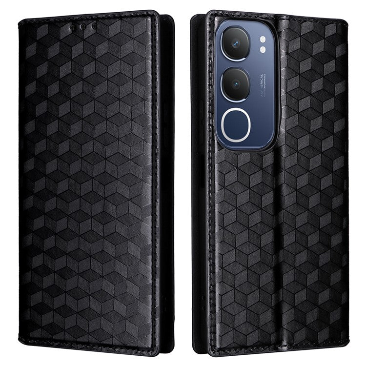 For vivo Y19s 4G Wallet Case Rhombus Imprinted Leather Phone Cover - Black