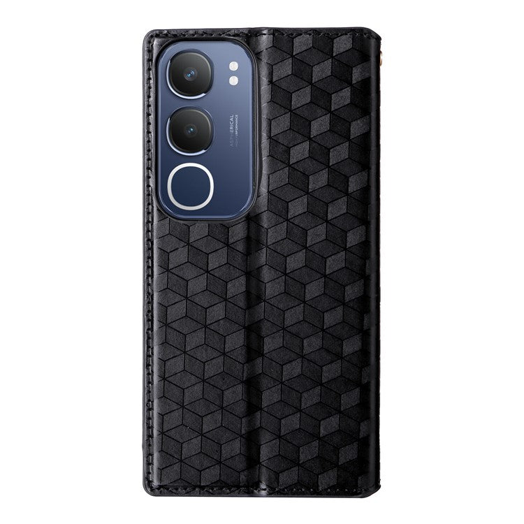 For vivo Y19s 4G Wallet Case Rhombus Imprinted Leather Phone Cover - Black