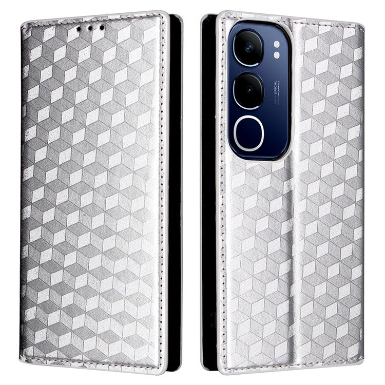 For vivo Y19s 4G Wallet Case Rhombus Imprinted Leather Phone Cover - Silver