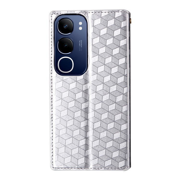 For vivo Y19s 4G Wallet Case Rhombus Imprinted Leather Phone Cover - Silver