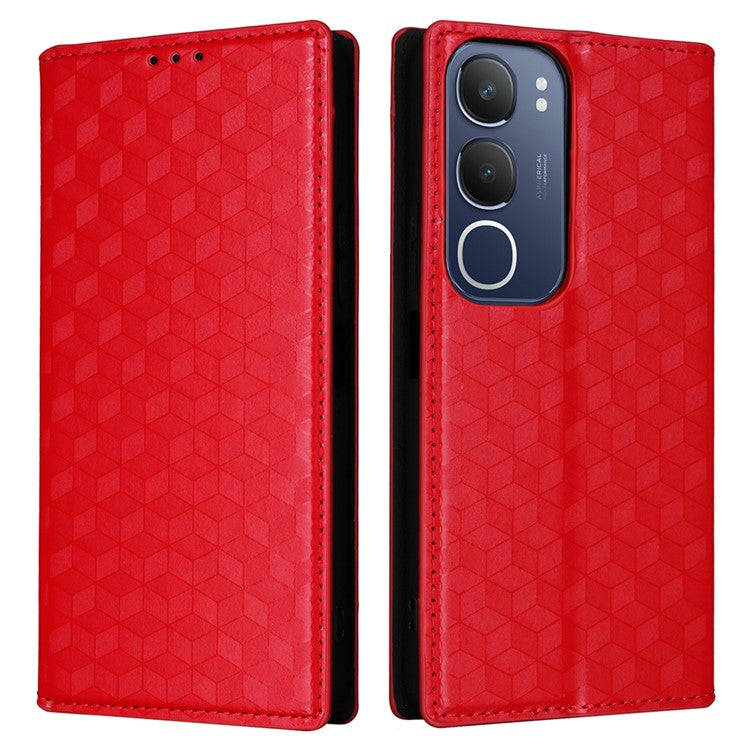 For vivo Y19s 4G Wallet Case Rhombus Imprinted Leather Phone Cover - Red