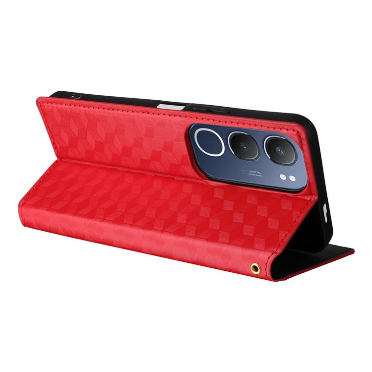 For vivo Y19s 4G Wallet Case Rhombus Imprinted Leather Phone Cover - Red