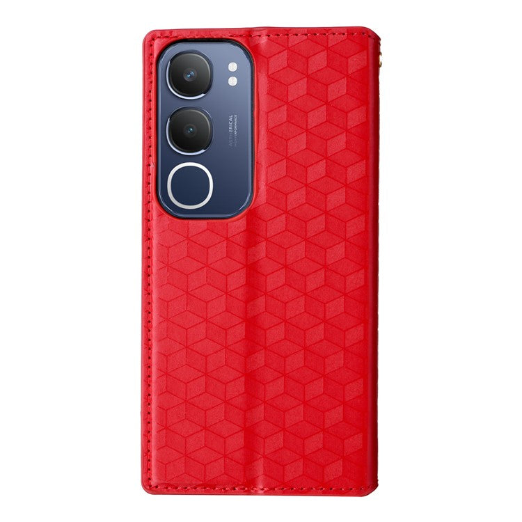 For vivo Y19s 4G Wallet Case Rhombus Imprinted Leather Phone Cover - Red