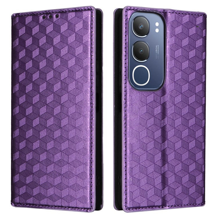 For vivo Y19s 4G Wallet Case Rhombus Imprinted Leather Phone Cover - Purple