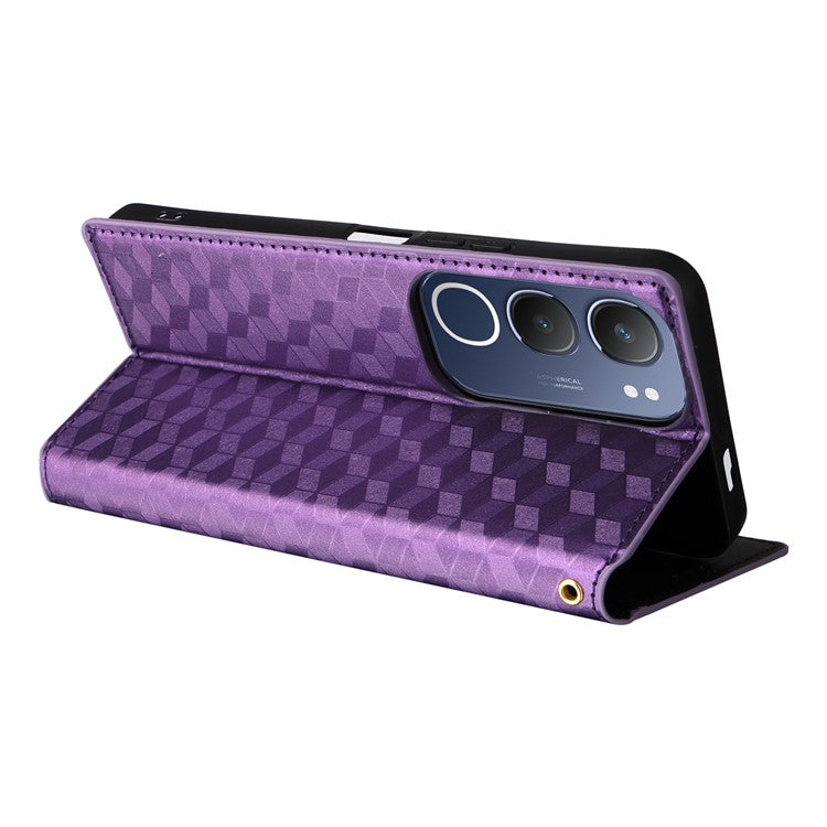 For vivo Y19s 4G Wallet Case Rhombus Imprinted Leather Phone Cover - Purple