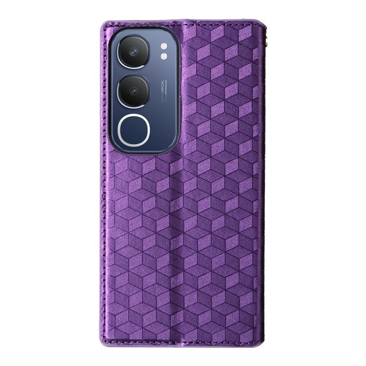 For vivo Y19s 4G Wallet Case Rhombus Imprinted Leather Phone Cover - Purple