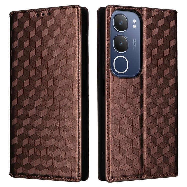 For vivo Y19s 4G Wallet Case Rhombus Imprinted Leather Phone Cover - Brown