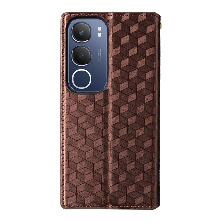 For vivo Y19s 4G Wallet Case Rhombus Imprinted Leather Phone Cover - Brown