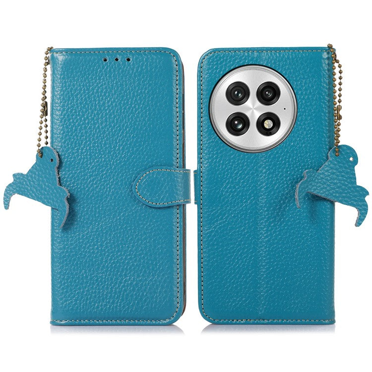 For OnePlus 13 Case RFID Blocking Genuine Cow Leather Phone Cover Litchi Texture - Blue