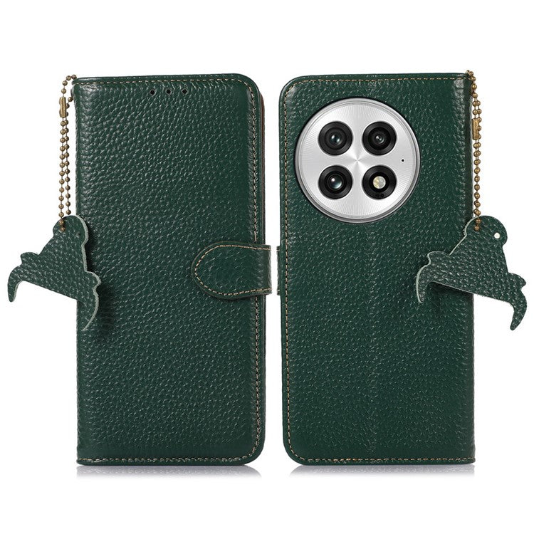 For OnePlus 13 Case RFID Blocking Genuine Cow Leather Phone Cover Litchi Texture - Green