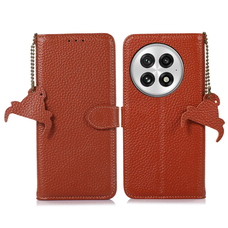 For OnePlus 13 Case RFID Blocking Genuine Cow Leather Phone Cover Litchi Texture - Brown