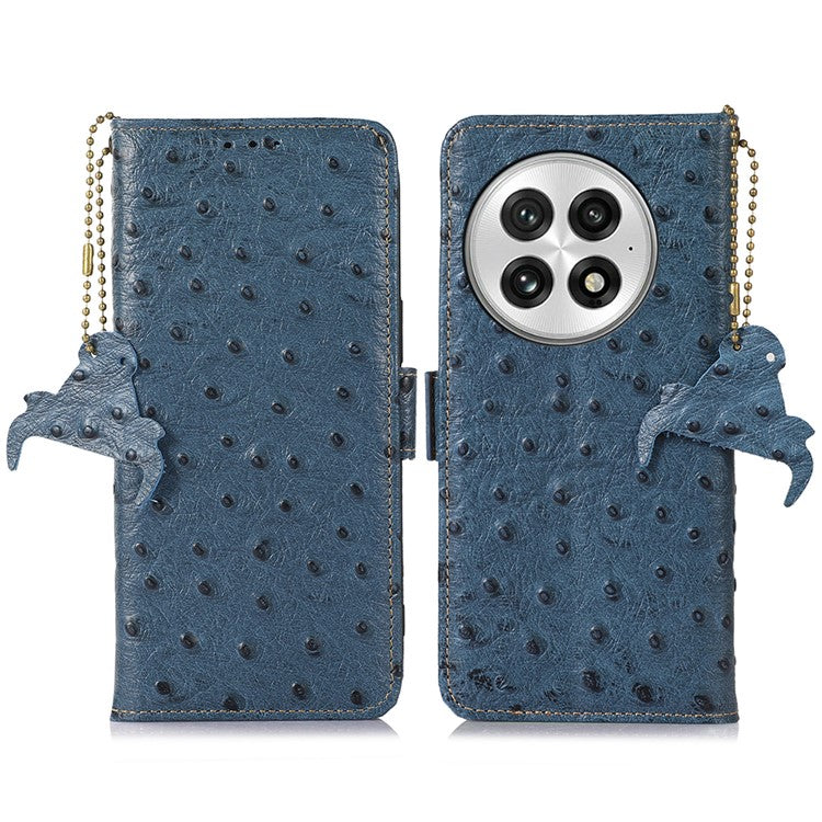 For OnePlus 13 Case RFID Blocking Genuine Cow Leather Phone Case Ostrich Texture - Blue