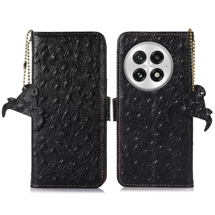 For OnePlus 13 Case RFID Blocking Genuine Cow Leather Phone Case Ostrich Texture - Black