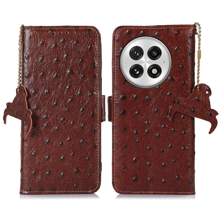 For OnePlus 13 Case RFID Blocking Genuine Cow Leather Phone Case Ostrich Texture - Brown