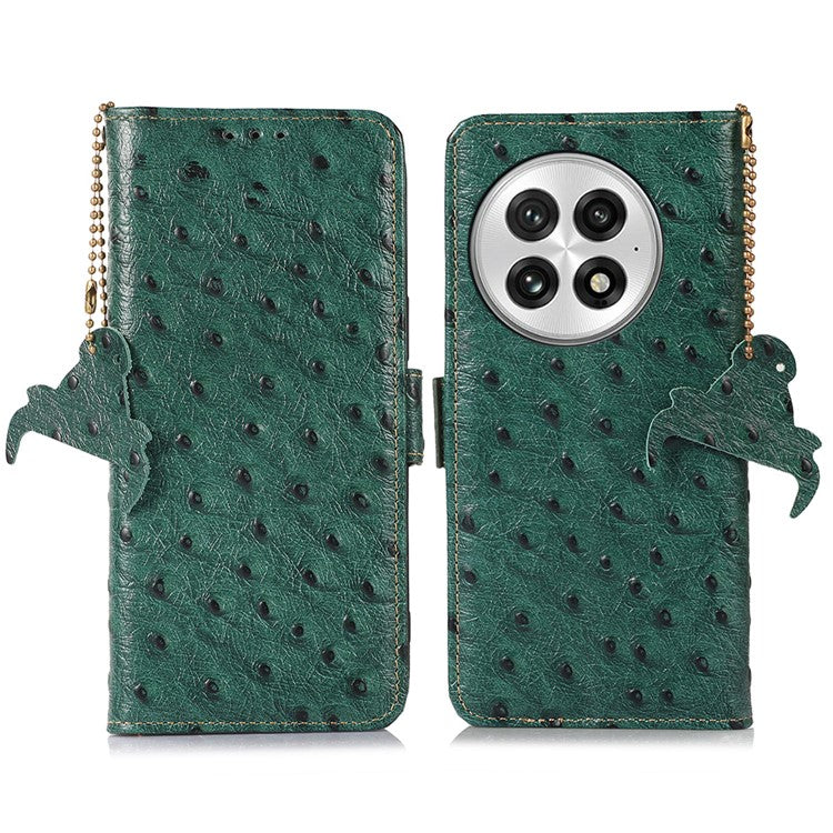 For OnePlus 13 Case RFID Blocking Genuine Cow Leather Phone Case Ostrich Texture - Green