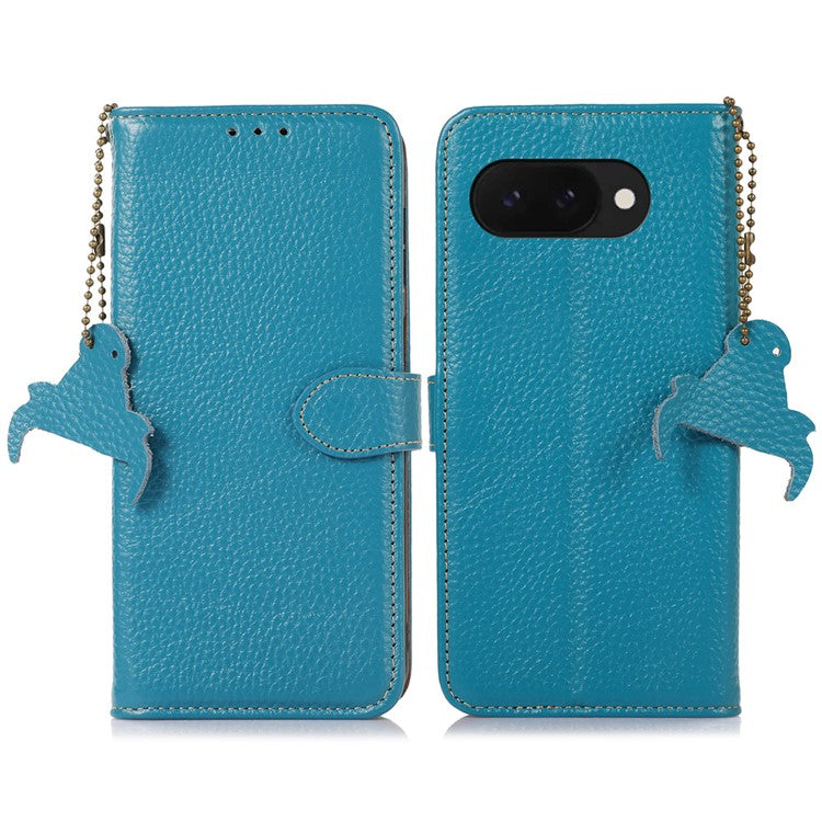 For Google Pixel 9a Case RFID Blocking Genuine Cow Leather Phone Cover Litchi Texture - Blue