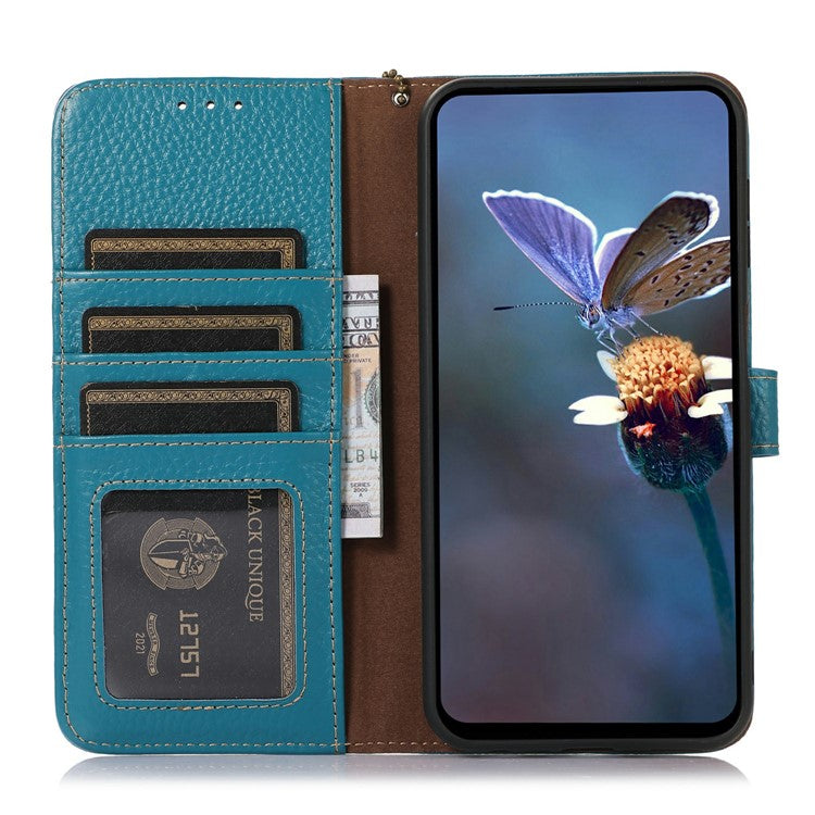 For Google Pixel 9a Case RFID Blocking Genuine Cow Leather Phone Cover Litchi Texture - Blue