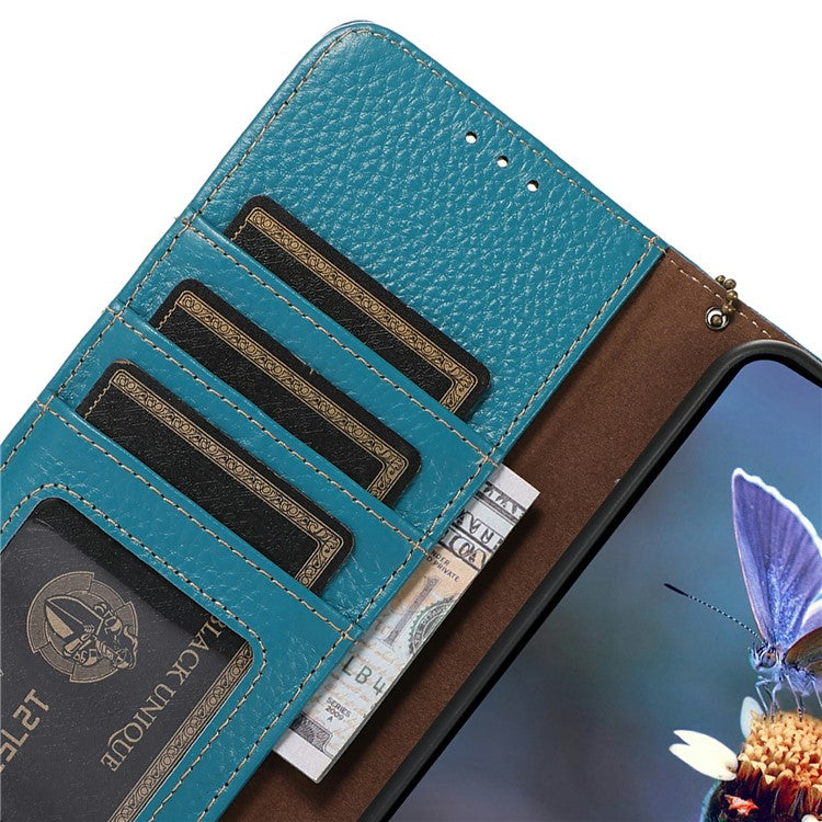 For Google Pixel 9a Case RFID Blocking Genuine Cow Leather Phone Cover Litchi Texture - Blue