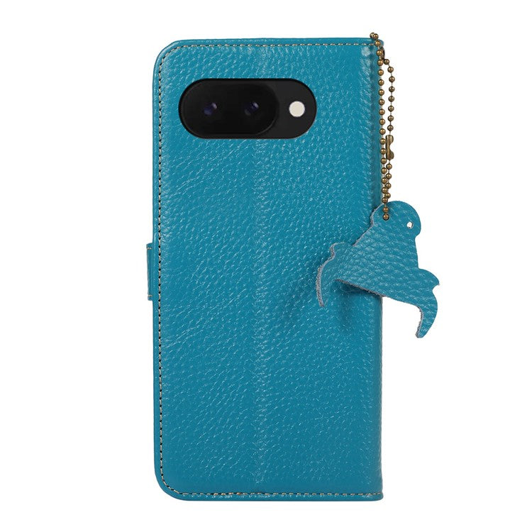 For Google Pixel 9a Case RFID Blocking Genuine Cow Leather Phone Cover Litchi Texture - Blue