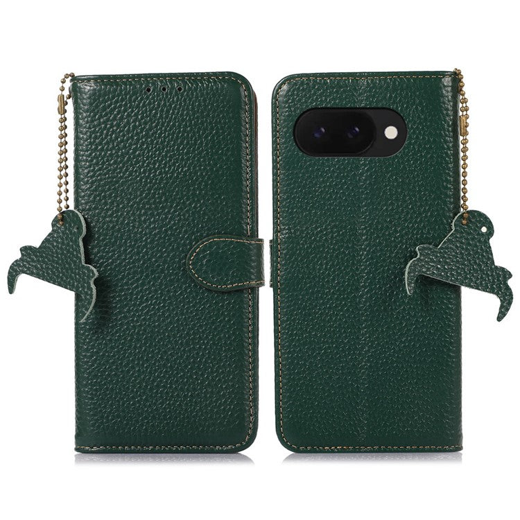 For Google Pixel 9a Case RFID Blocking Genuine Cow Leather Phone Cover Litchi Texture - Green