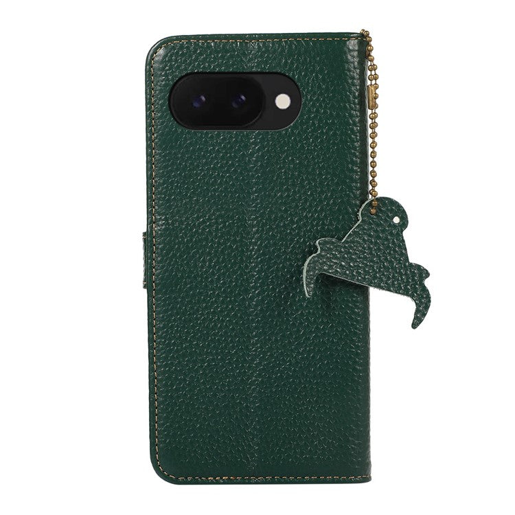 For Google Pixel 9a Case RFID Blocking Genuine Cow Leather Phone Cover Litchi Texture - Green