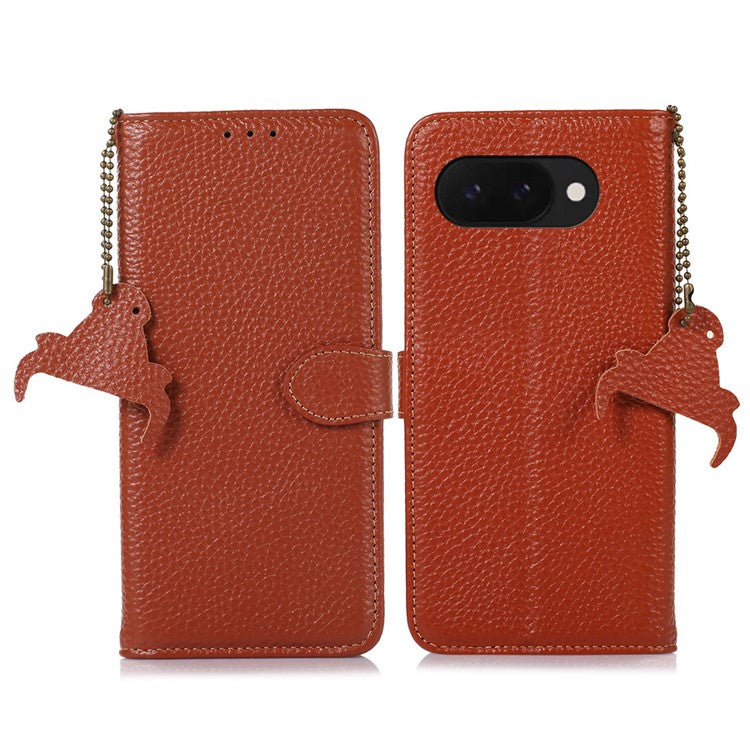 For Google Pixel 9a Case RFID Blocking Genuine Cow Leather Phone Cover Litchi Texture - Brown