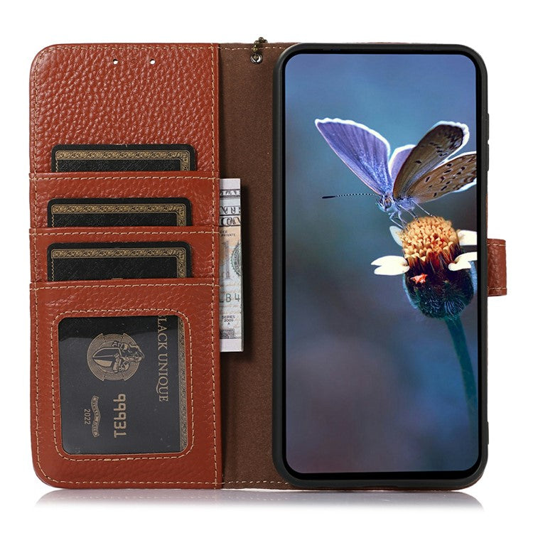 For Google Pixel 9a Case RFID Blocking Genuine Cow Leather Phone Cover Litchi Texture - Brown